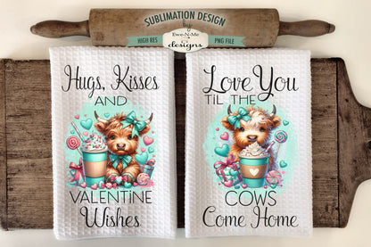 Valentine Highland Cows with Bows - Kitchen Towel Sublimation Designs