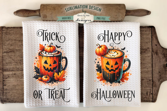 Halloween Jack O Lantern Coffee Cups - Kitchen Towel Sublimation Designs