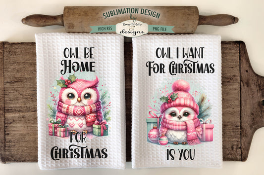 Pink Christmas Holiday Owls  - Kitchen Towel Sublimation Designs