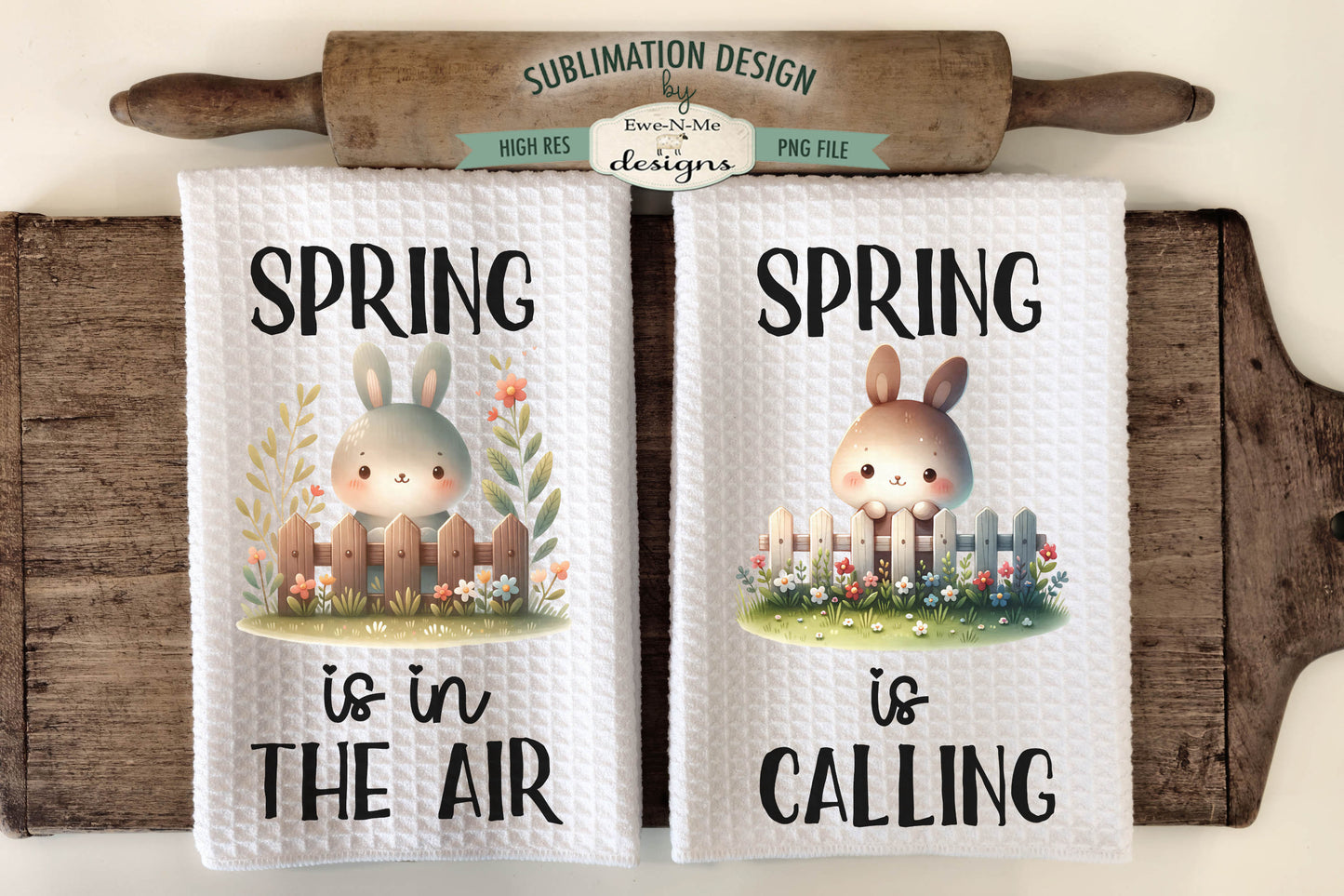 Spring Easter Bunnies with Fence - Kitchen Towel Sublimation Designs
