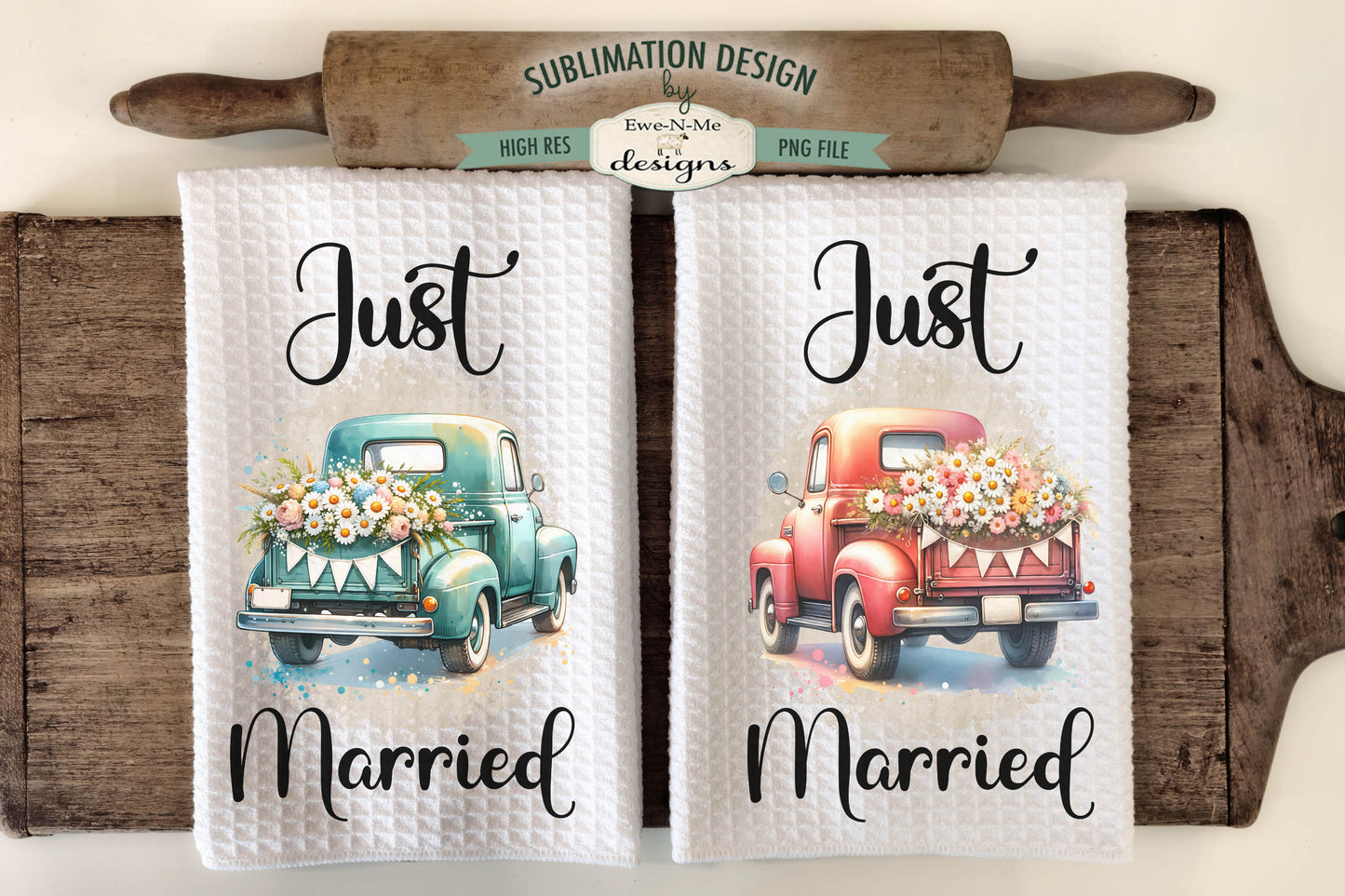 Just Married Wedding Trucks - Kitchen Towel Sublimation Designs