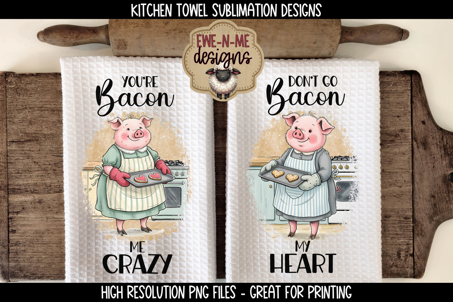 Valentine Pigs Baking Cookies - Kitchen Towel Sublimation Designs