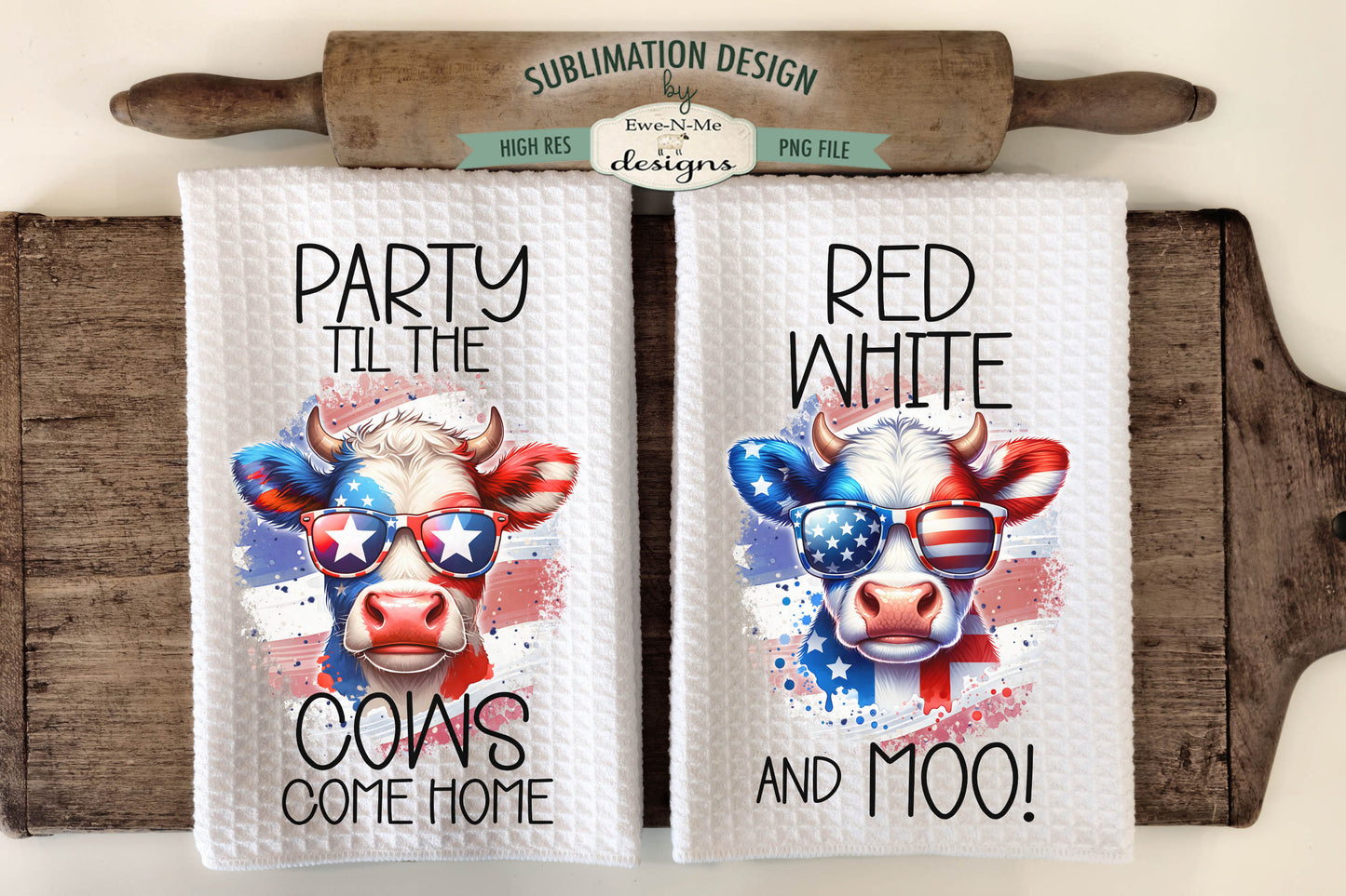 Patriotic Cows in Sunglasses - Kitchen Towel Sublimation Designs