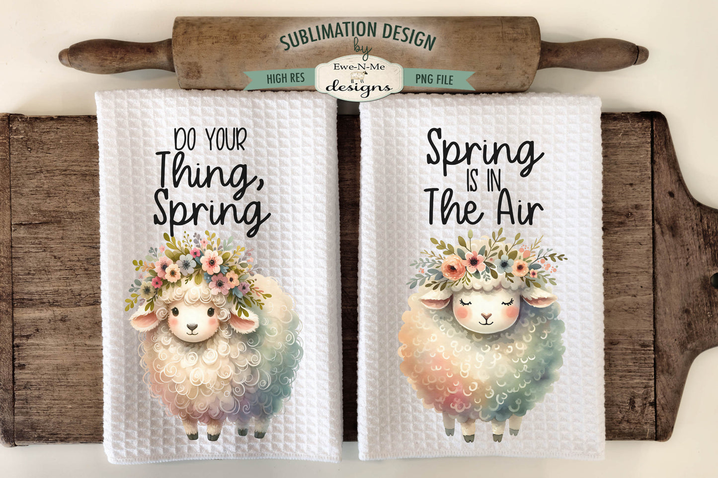 Cute Spring Sheep with Flowers - Kitchen Towel Sublimation Designs