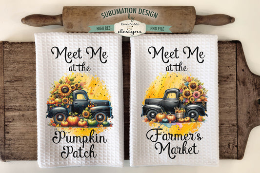 Black Trucks With Pumpkins and Sunflowers - Kitchen Towel Sublimation Designs