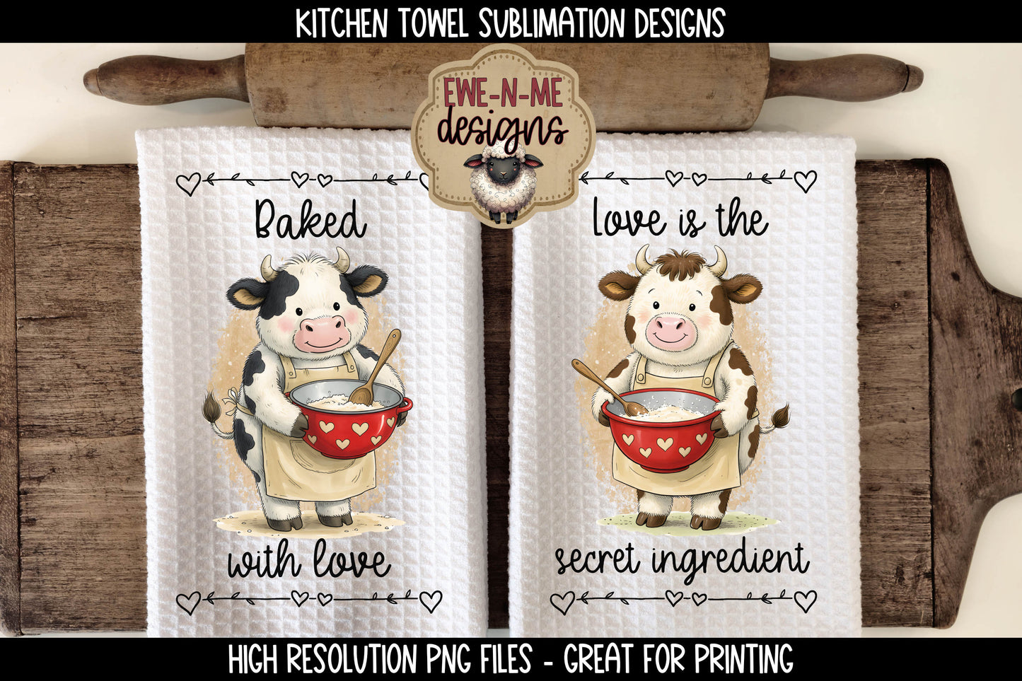 Valentine Cows Baking Cookies - Kitchen Towel Sublimation Designs