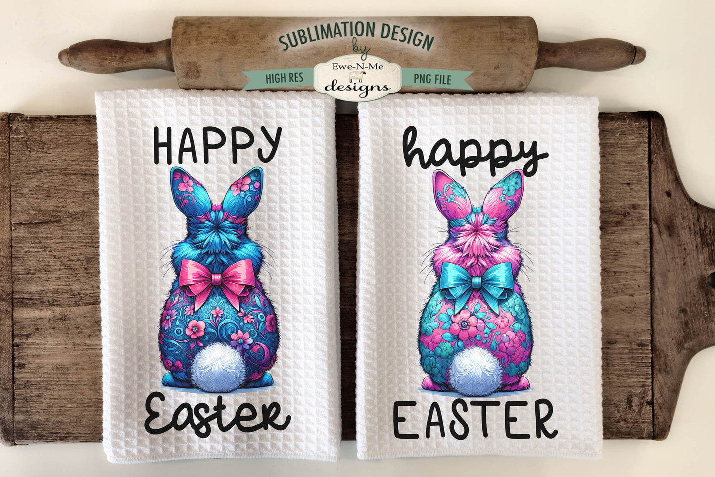 Floral Easter Bunnies with Fluffy Tail - Kitchen Towel Sublimation Designs