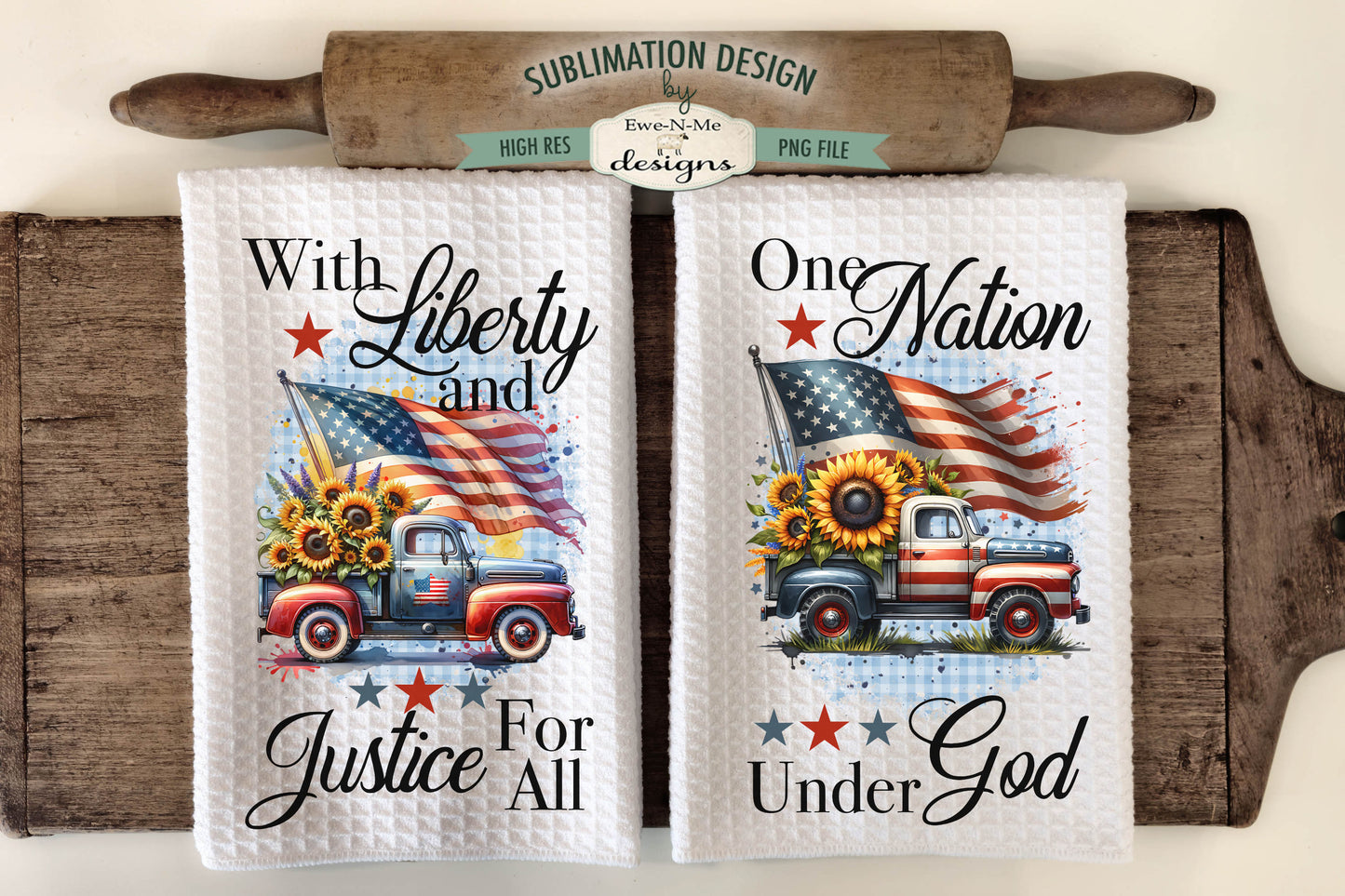 Patriotic Trucks With Sunflowers - Kitchen Towel Sublimation Designs