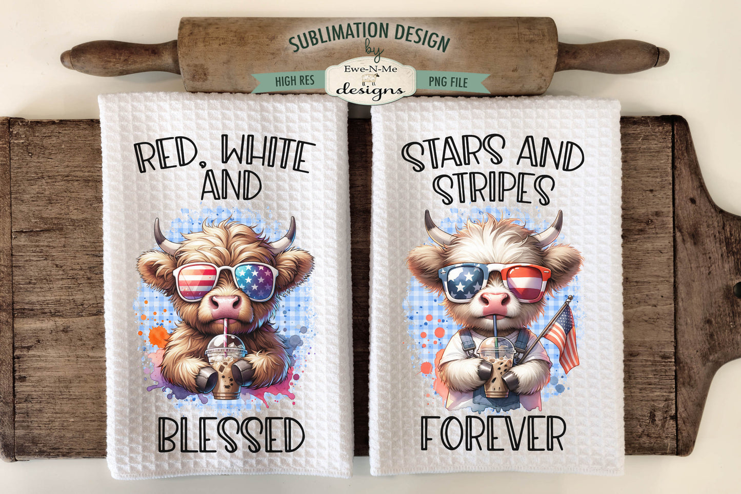 Patriotic Cows With Iced Coffee - Kitchen Towel Sublimation Designs