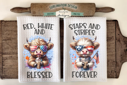 Patriotic Cows With Iced Coffee - Kitchen Towel Sublimation Designs