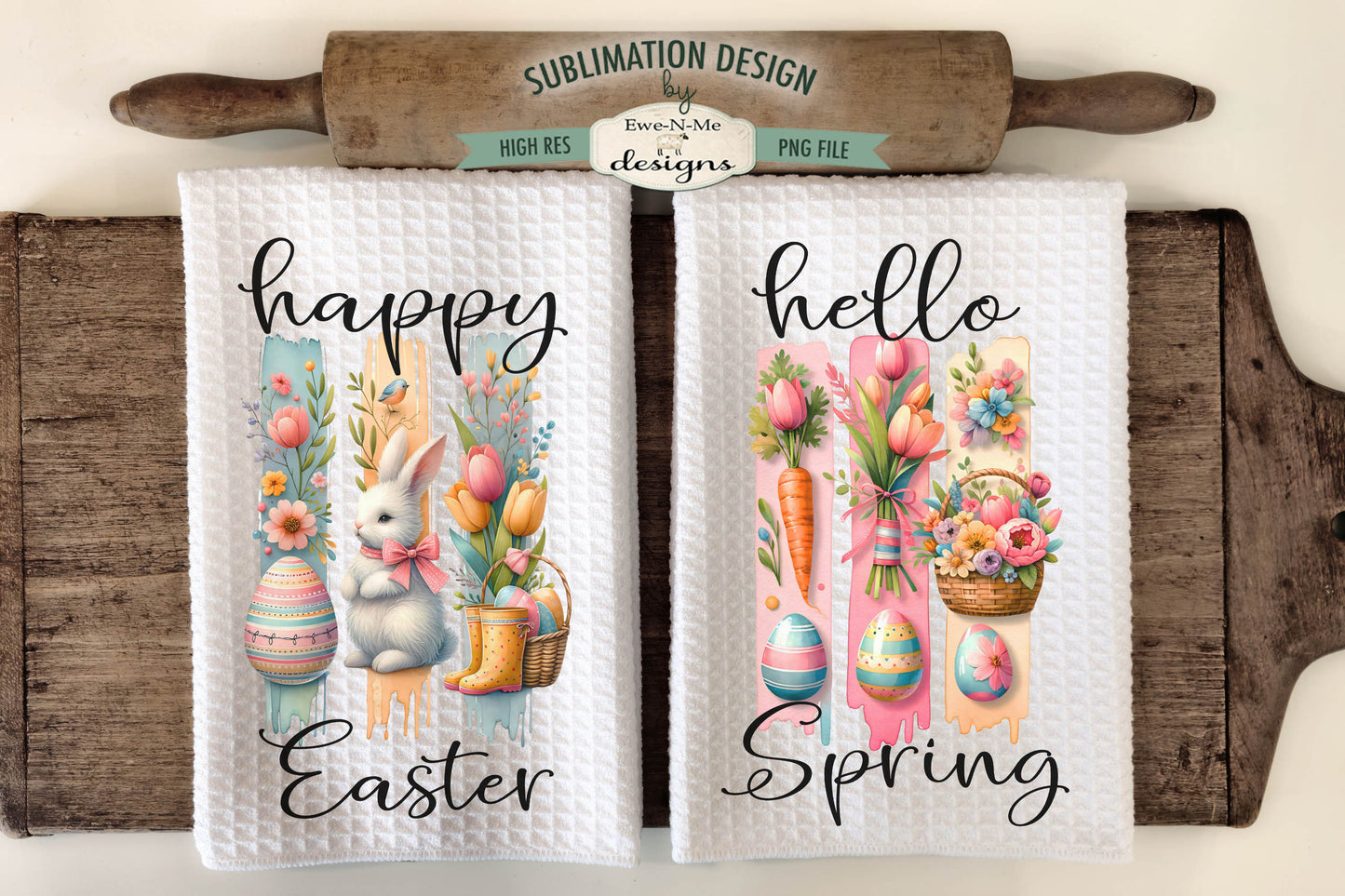 Easter Brush Stroke Bunny Flowers - Kitchen Towel Sublimation Designs