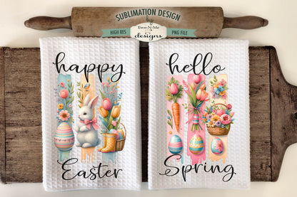 Easter Brush Stroke Bunny Flowers - Kitchen Towel Sublimation Designs