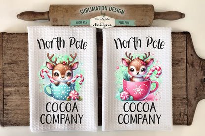 North Pole Reindeer Blue Pink Mugs - Kitchen Towel Sublimation Designs