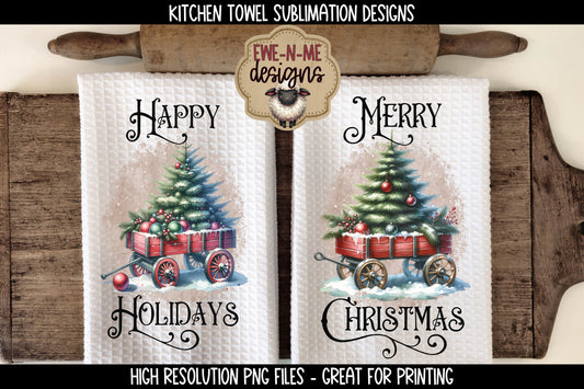 Red Wagon with Christmas Trees - Kitchen Towel Sublimation Designs