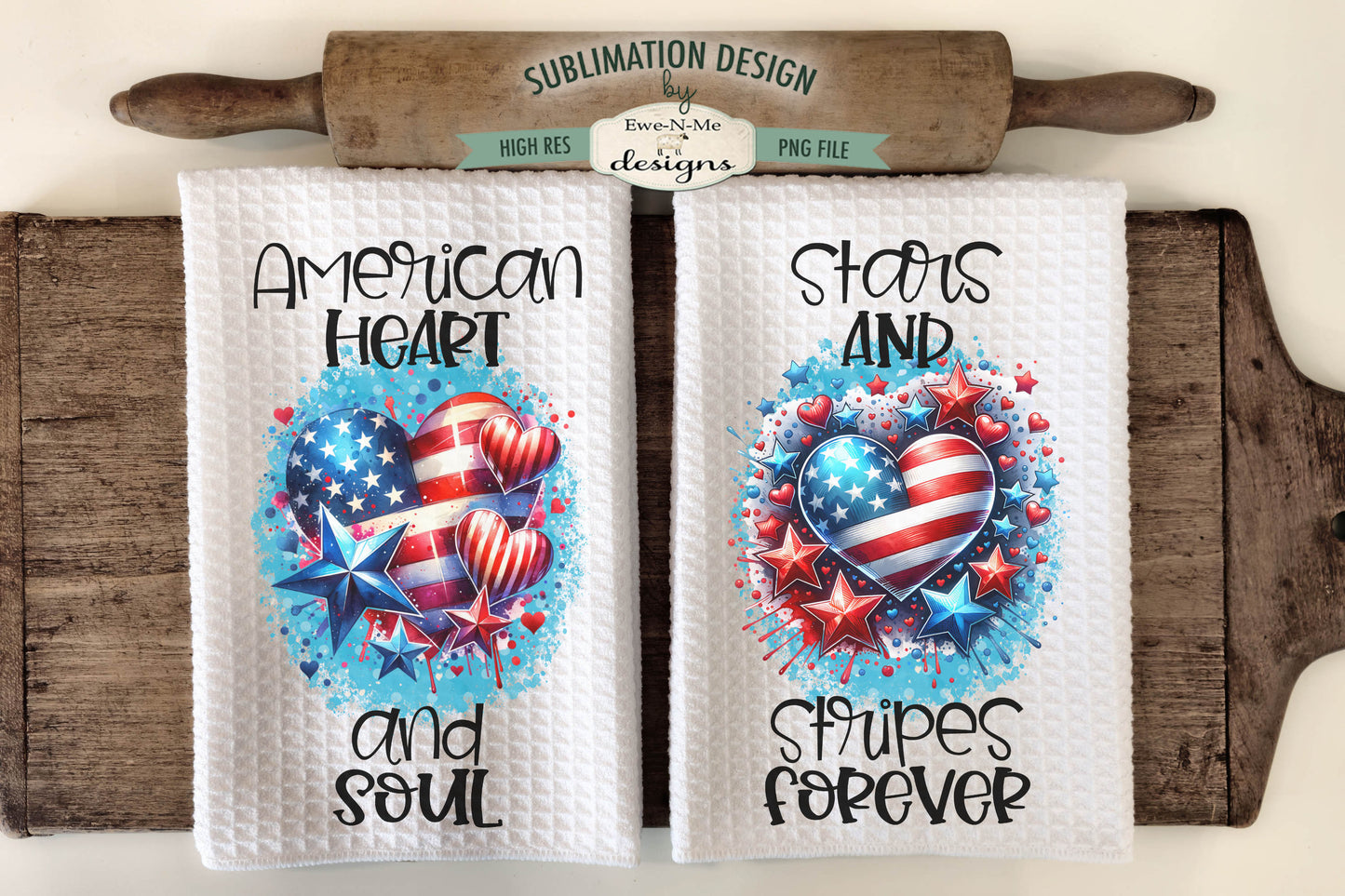 Patriotic Hearts and Stars - Kitchen Towel Sublimation Designs