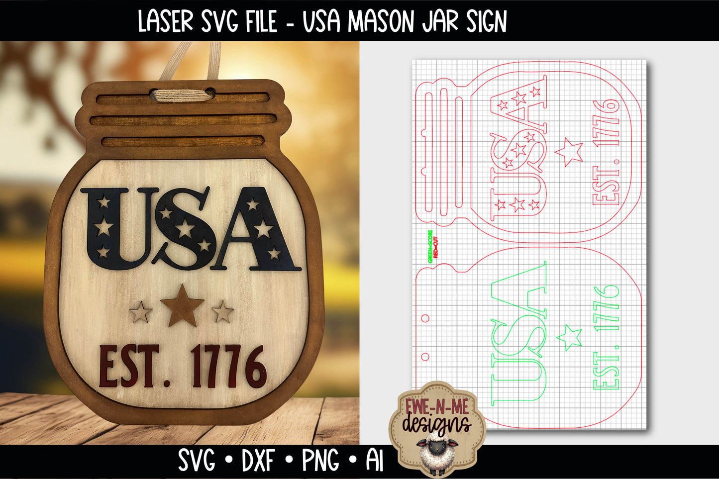 USA 1776 Mason Jar Sign | Laser Cut SVG File
