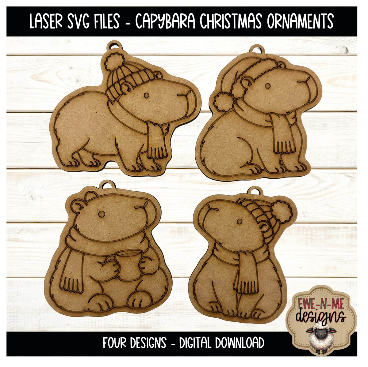 Capybara Christmas Ornaments | 4 Laser Cut SVG Files