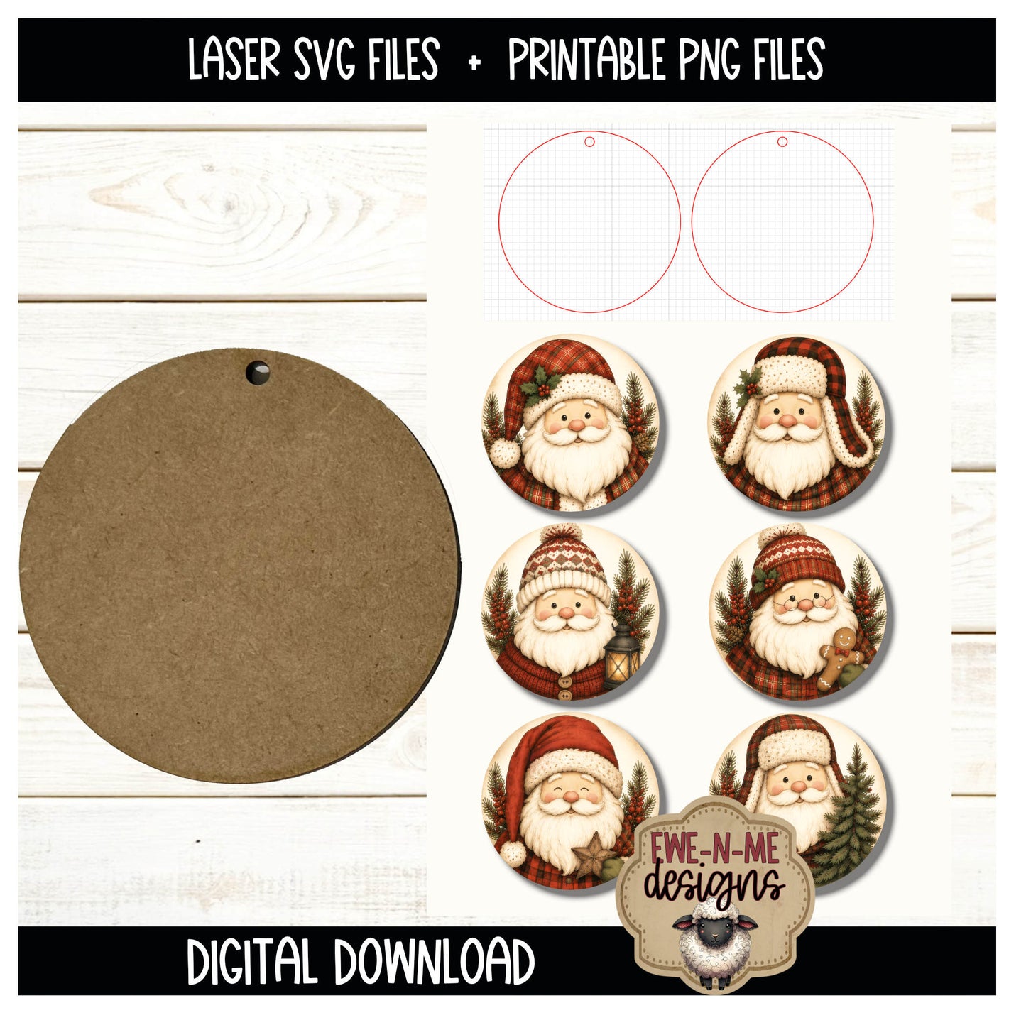 Santa Ornament Bundle | Laser Cut SVG File + Printable PNG Files with Bonus Sticker File