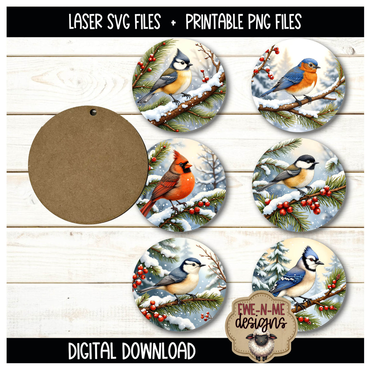 Winter Bird Ornament Bundle | Laser Cut SVG File + Printable PNG Files with Bonus Sticker File
