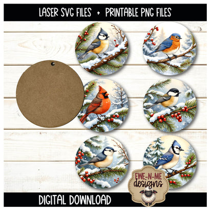 Winter Bird Ornament Bundle | Laser Cut SVG File + Printable PNG Files with Bonus Sticker File