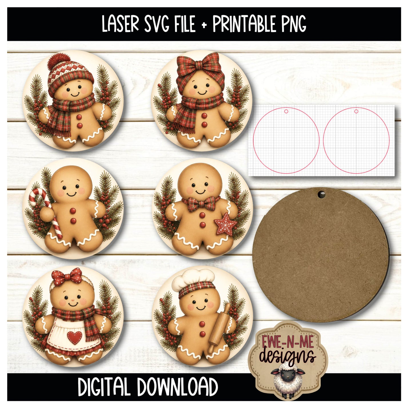 Gingerbread Ornament Bundle | Laser Cut SVG File + Printable PNG Files with Bonus Sticker Files (Copy)