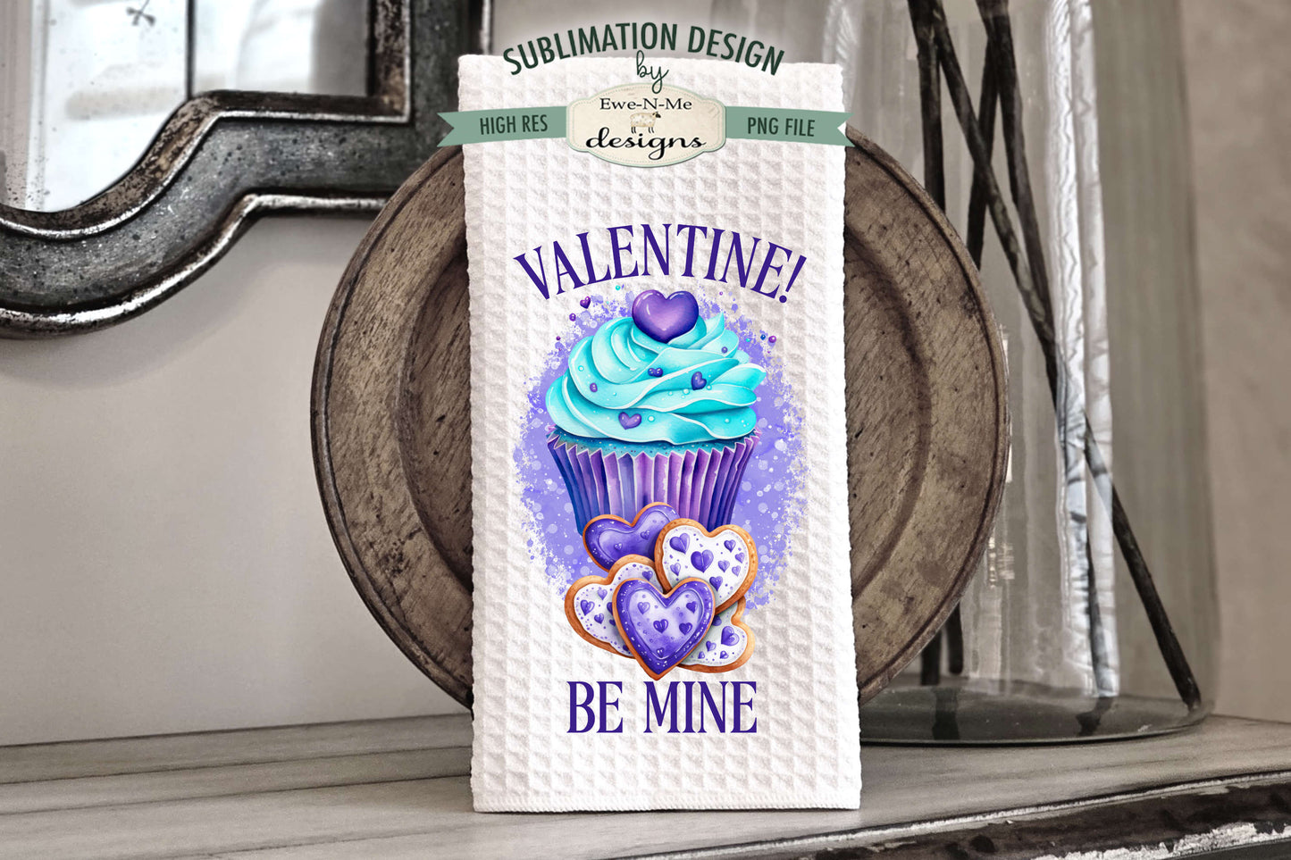 Teal Purple Valentine Cupcakes - Kitchen Towel Sublimation Designs