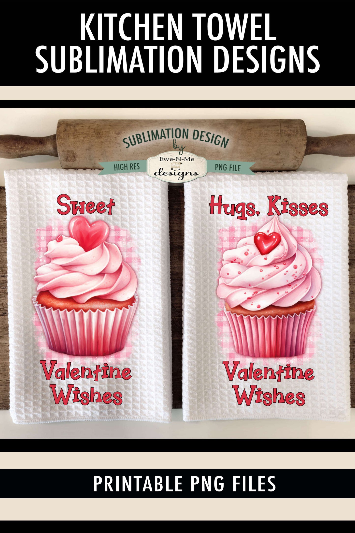 Pink Valentine Cupcakes - Kitchen Towel Sublimation Designs