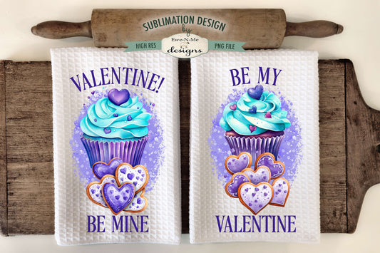 Teal Purple Valentine Cupcakes - Kitchen Towel Sublimation Designs