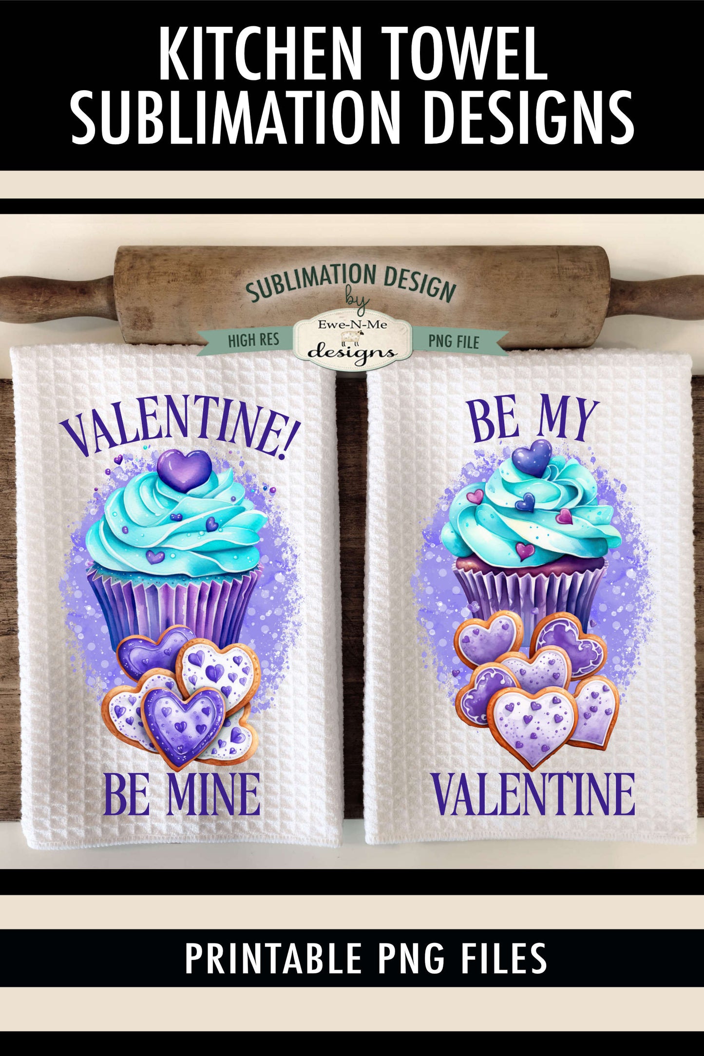 Teal Purple Valentine Cupcakes - Kitchen Towel Sublimation Designs