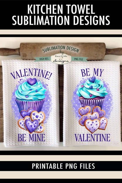 Teal Purple Valentine Cupcakes - Kitchen Towel Sublimation Designs