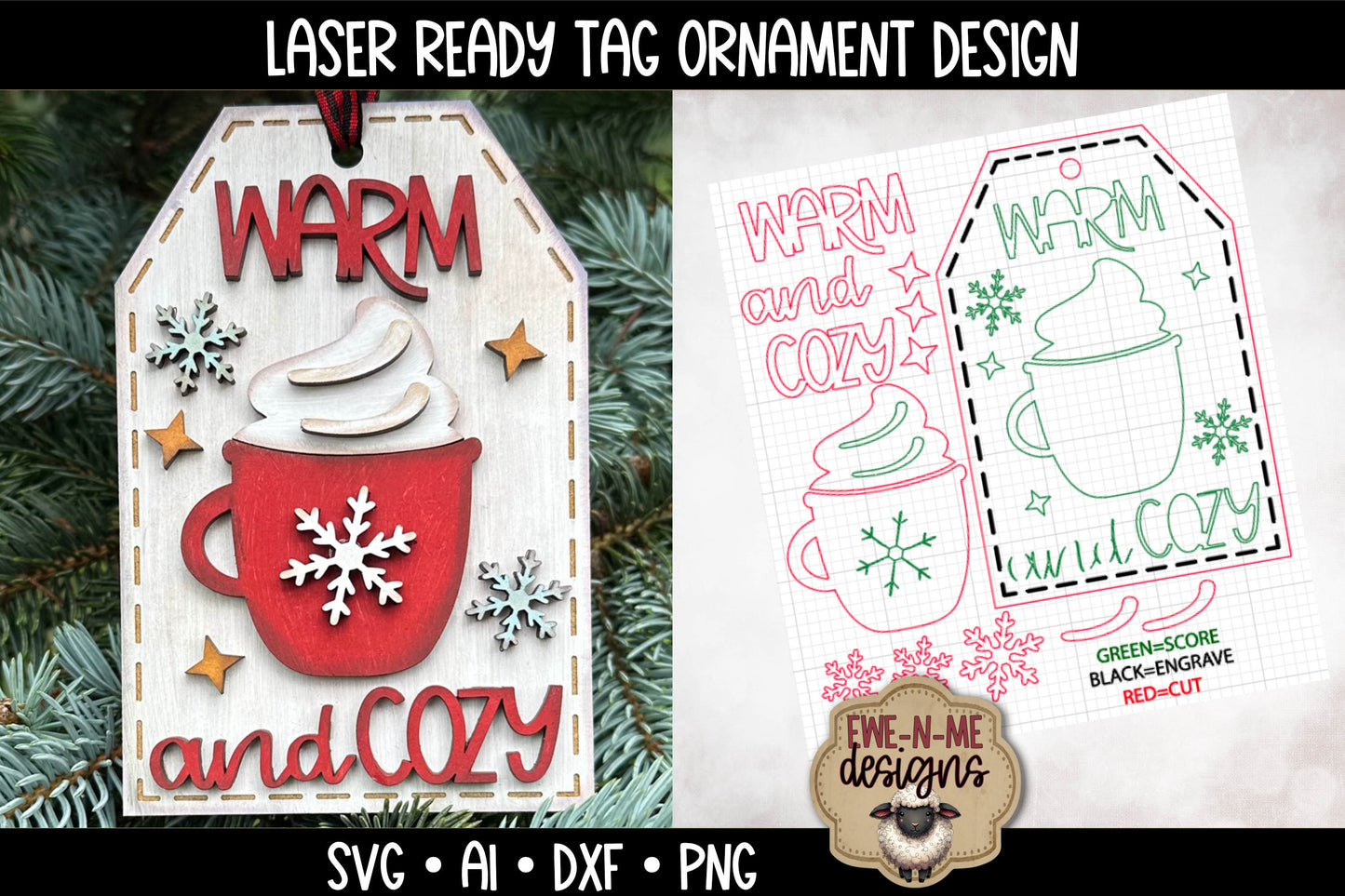 Warm Cozy Cocoa Mug Ornament Tag - Laser Cut SVG