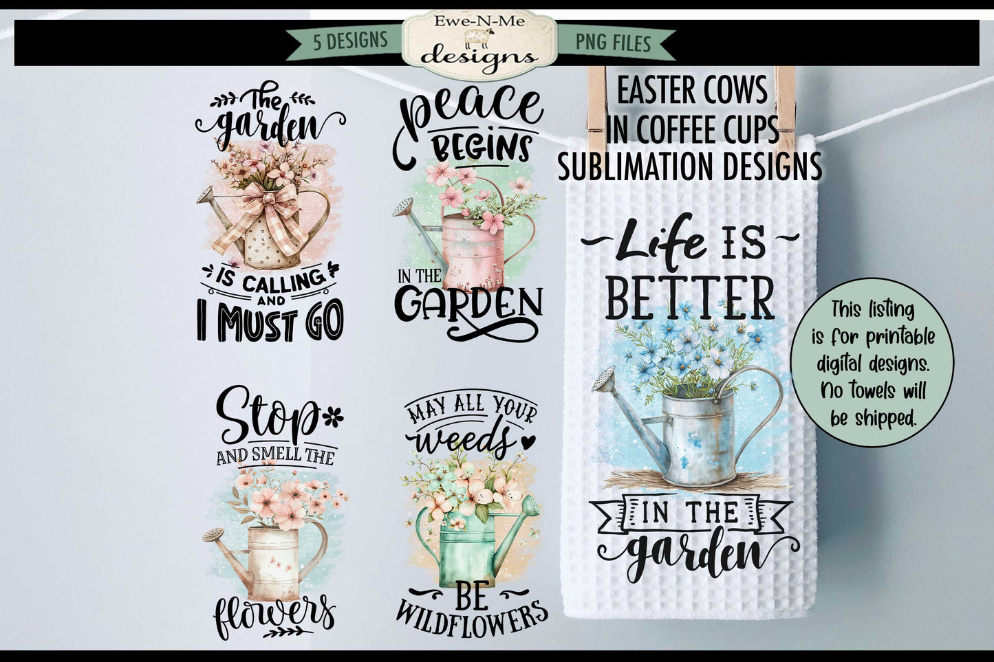 Gardening Watering Cans - Bundle of 5 - Kitchen Towel Sublimation Designs