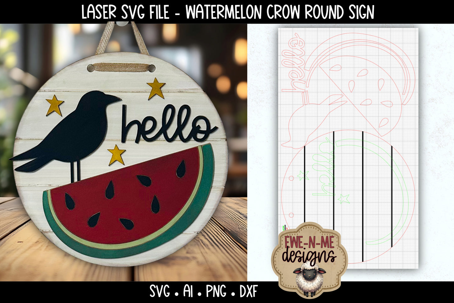 Hello Watermelon Crow Round Sign | Laser Cut SVG File