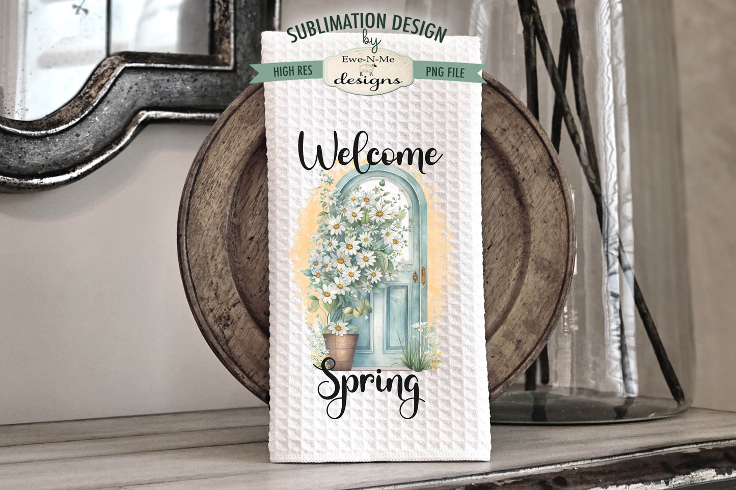 Welcome Spring Door with Daisy - Kitchen Towel Sublimation Designs