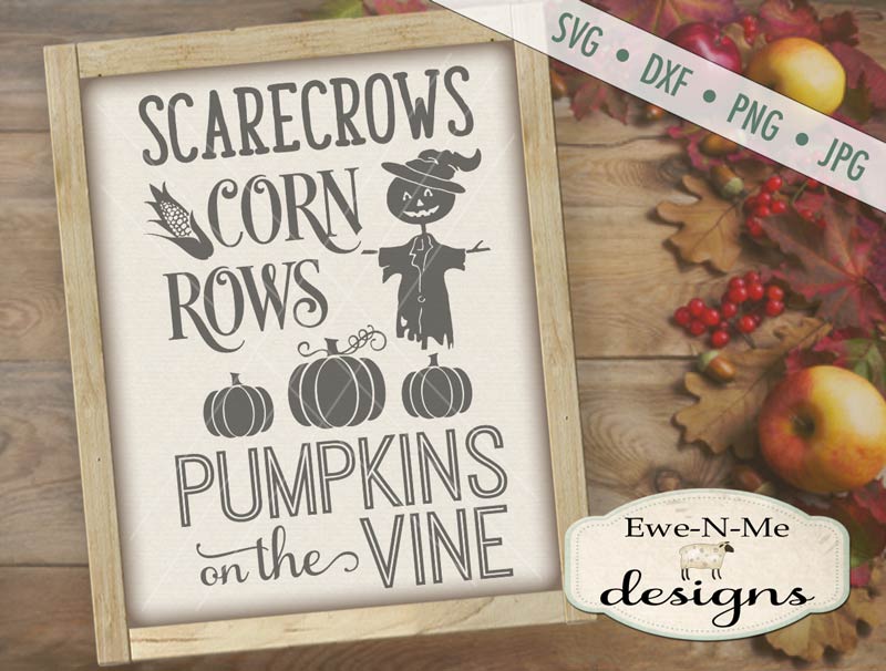 Scarecrows Corn Rows Pumpkins on the Vine - SVG