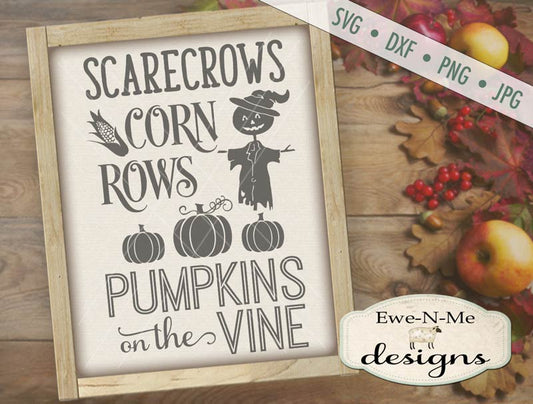 Scarecrows Corn Rows Pumpkins on the Vine - SVG